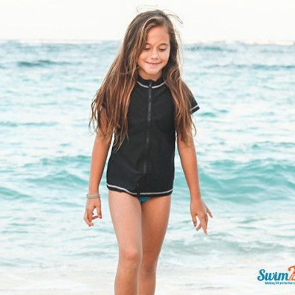 NWT SwimZip Girls Boys Size 8-10 Blue OR Black Rashguard Zip Up Swim Sun Shirt